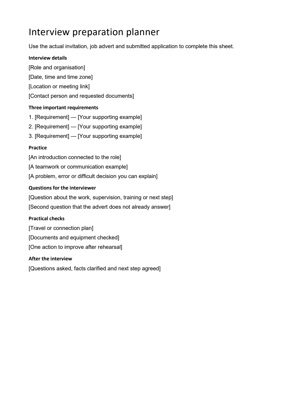Template preview: Interview preparation checklist and planning sheet